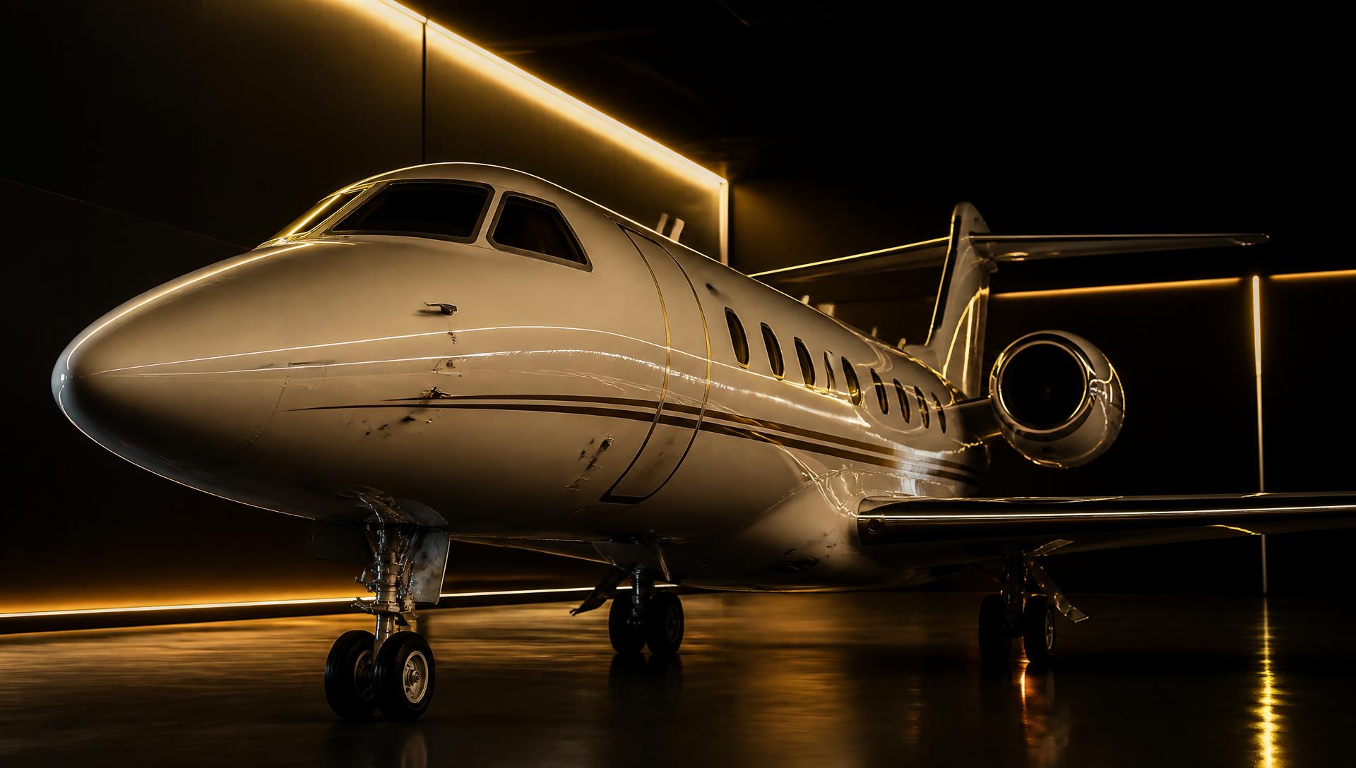 Private jet gleaming under golden hangar lights after a Fly to Shine detail